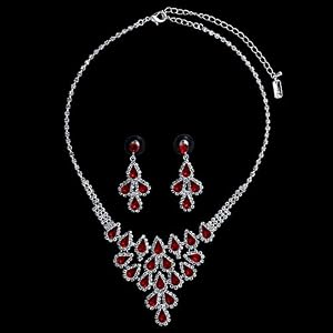 Silver Tone Red Rhinestone Crystal Bridal Necklace Earrings 2-pcs Set