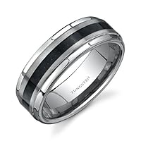 Rounded Edge Brush Finish Black Carbon Fiber 8 mm Comfort Fit Mens Tungsten Wedding Band Ring Size 8 to 13